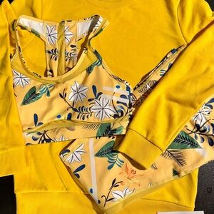 Floral Yellow Sports Bra, Leggings, & Crew Sweatshirt